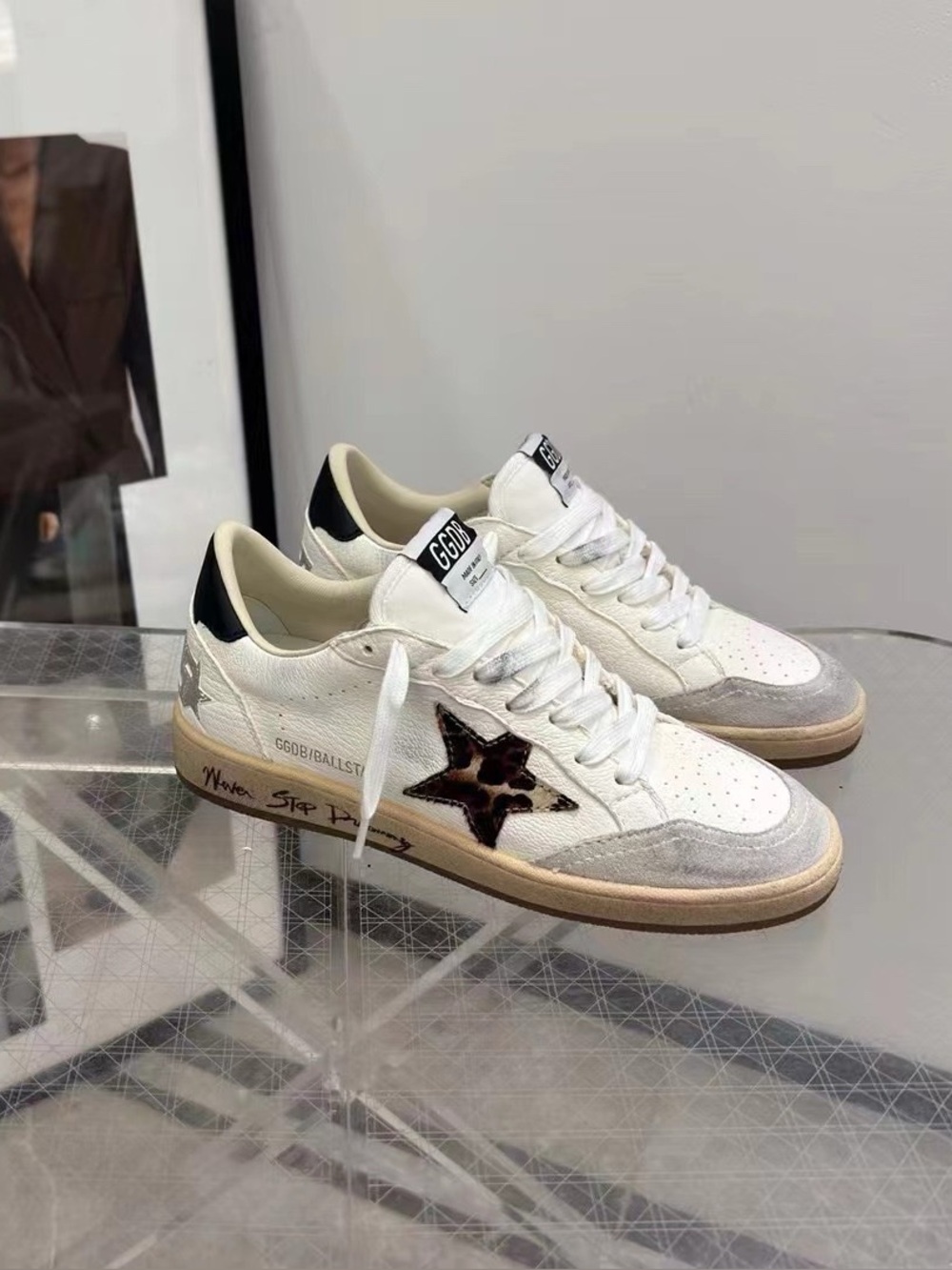 Golden Goose White Leather Sneakers with Leopard Star Accent